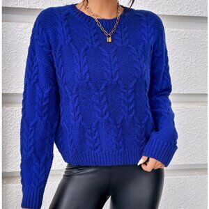 Royal Blue Cable-Knit Drop Shoulder Sweater – Cozy & Stylish